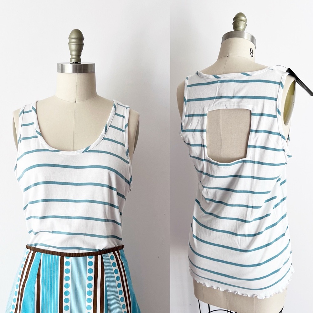 Square Open‎ Back 100% Cotton Striped Tank Top with Lettuce Hem by Chaser